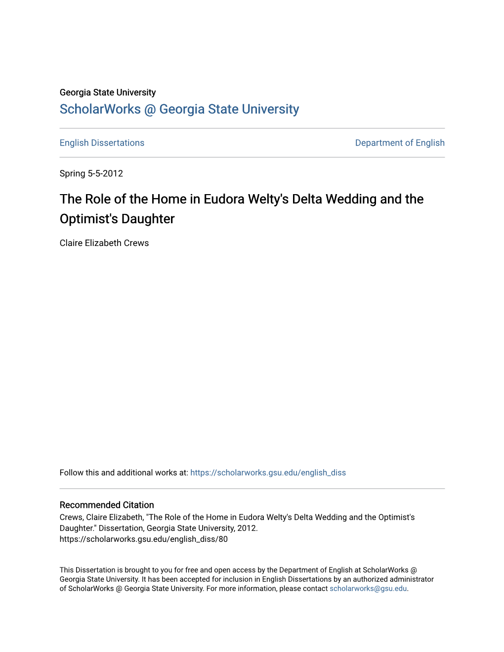 The Role of the Home in Eudora Welty's Delta Wedding and the Optimist's Daughter