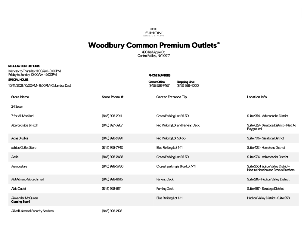 Complete List of Stores Located at Woodbury Common Premium Outlets