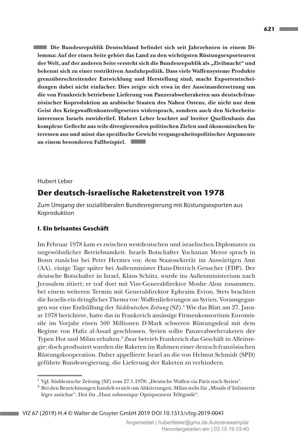 Der Deutsch-Israelische Raketenstreit Von 1978 Zum Umgang Der Sozialliberalen Bundesregierung Mit Rüstungsexporten Aus Koproduktion