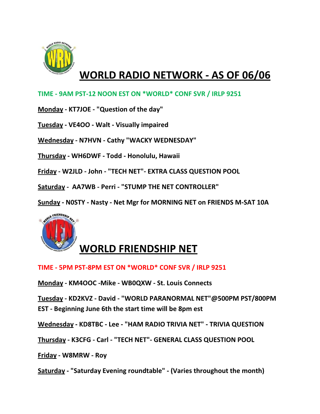 World Radio Network - As of 06/06