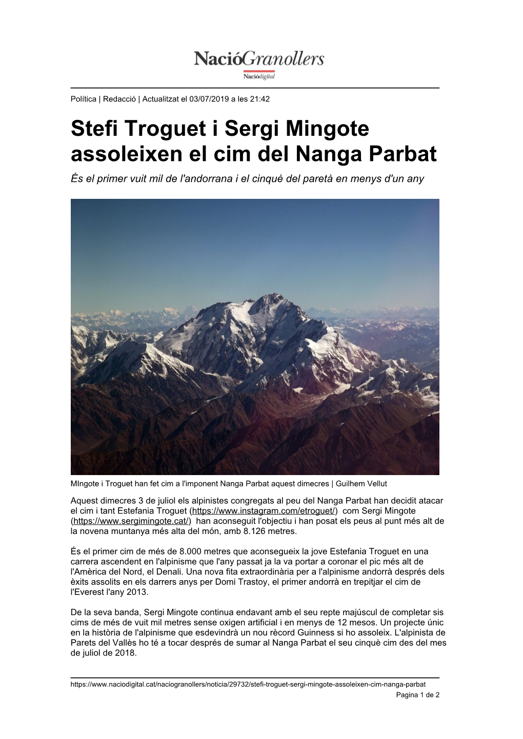 Stefi Troguet I Sergi Mingote Assoleixen El Cim Del Nanga Parbat És El Primer Vuit Mil De L'andorrana I El Cinquè Del Paretà En Menys D'un Any