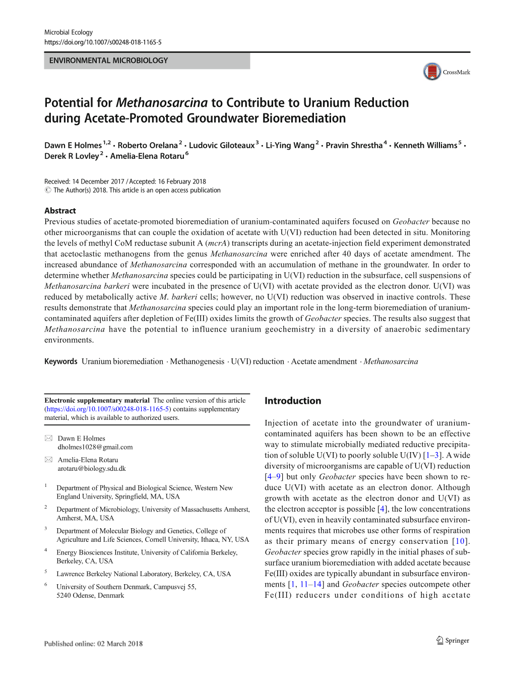 Potential for Methanosarcina to Contribute to Uranium Reduction During Acetate-Promoted Groundwater Bioremediation