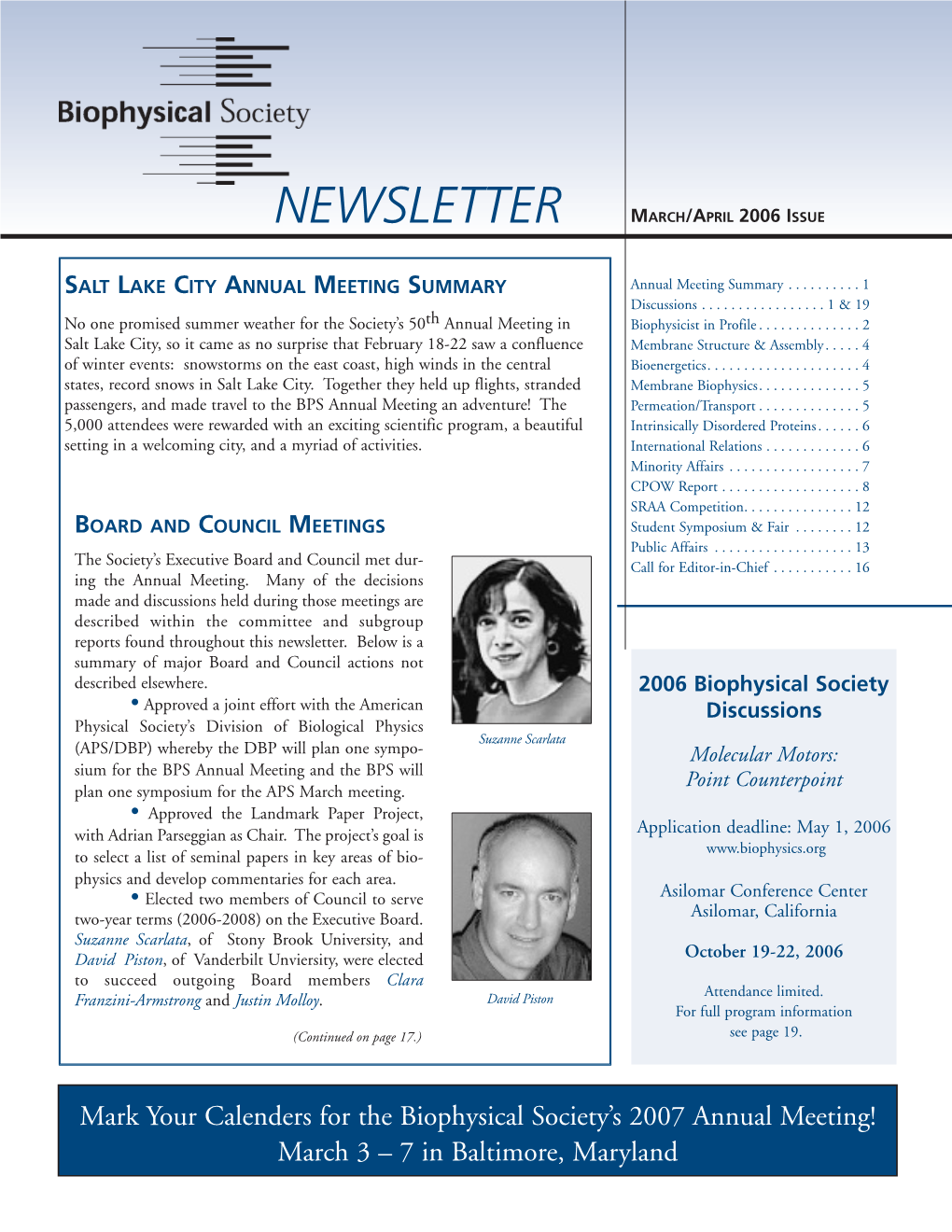 Biophysical Society MARCH/APRIL 2006 NEWSLETTER