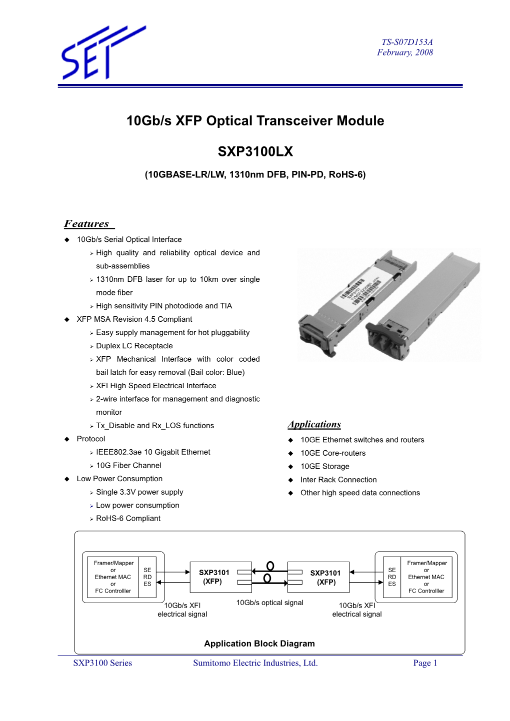 10Gb/S XFP Optical Transceiver Module SXP3100LX