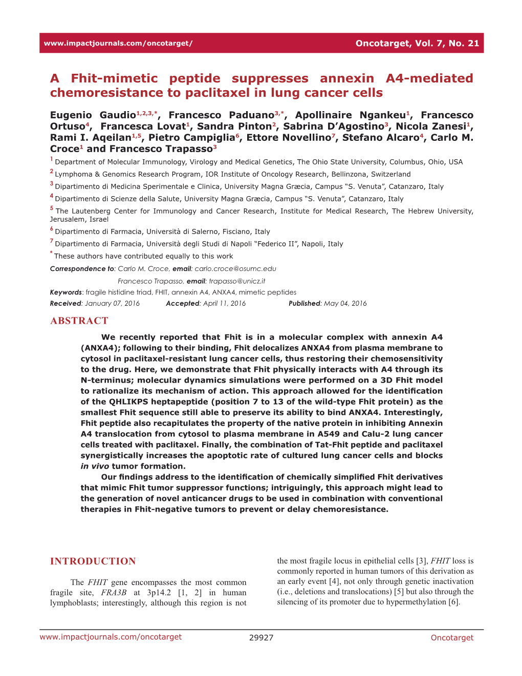 A Fhit-Mimetic Peptide Suppresses Annexin A4-Mediated Chemoresistance to Paclitaxel in Lung Cancer Cells