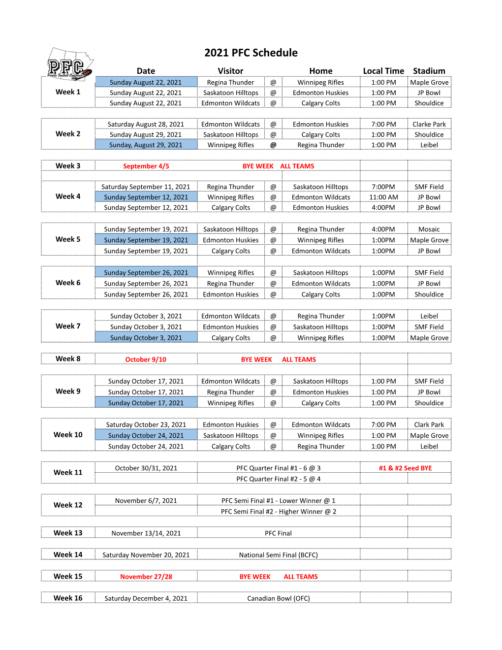 2021 PFC Schedule