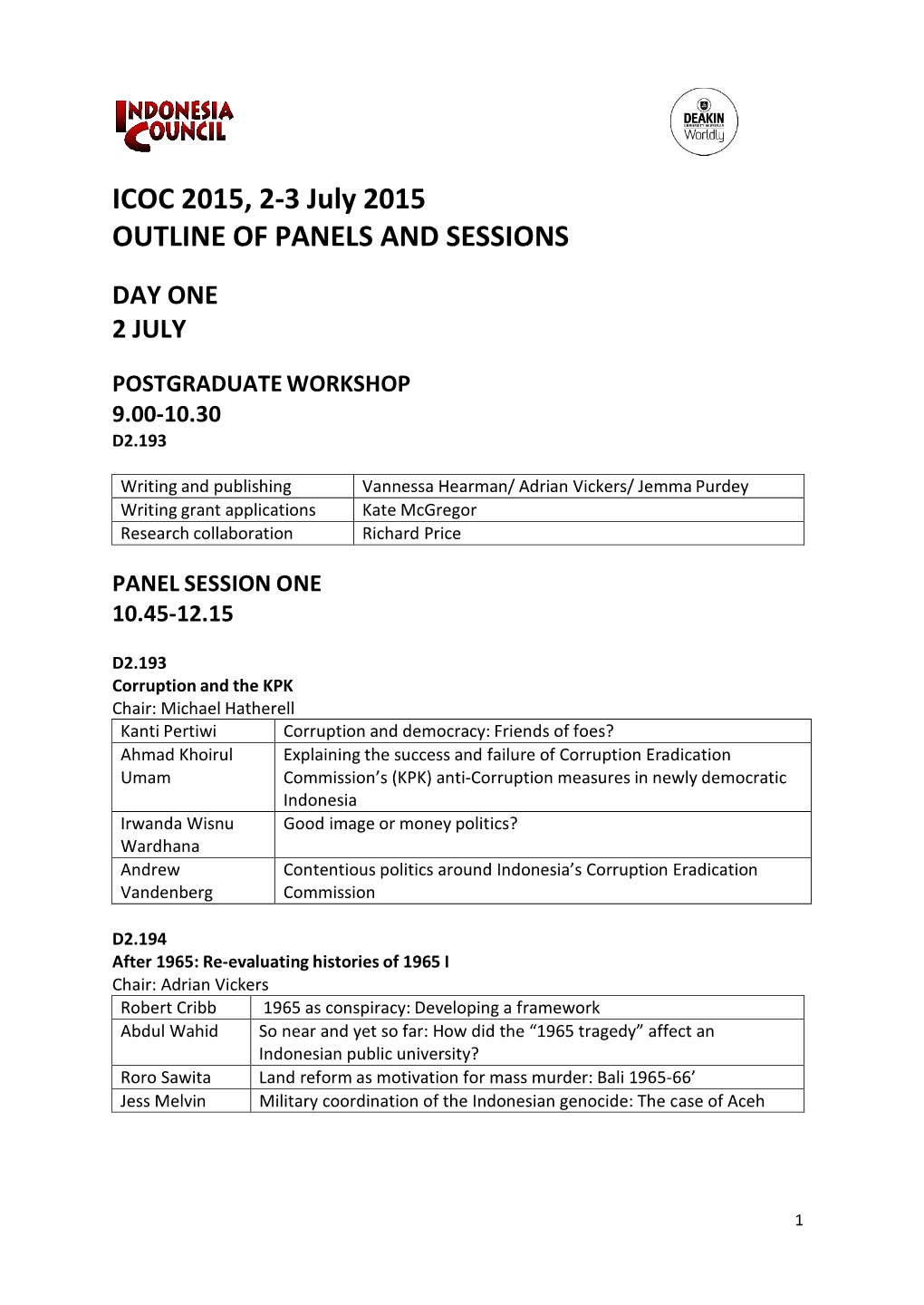 ICOC 2015, 2-3 July 2015 OUTLINE of PANELS and SESSIONS