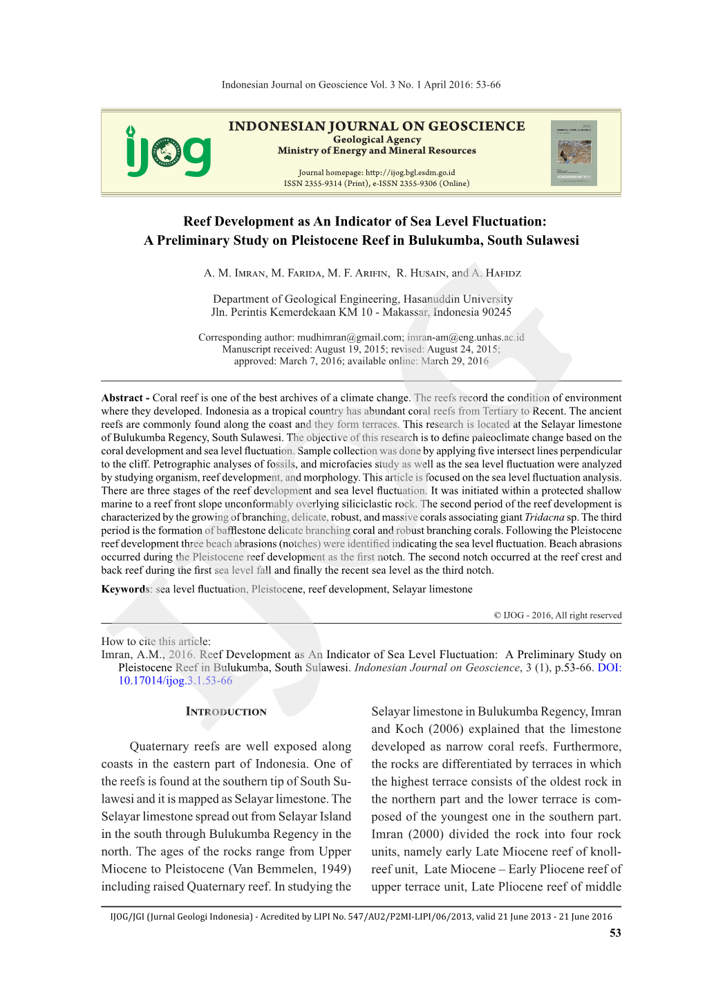 Reef Development As an Indicator of Sea Level Fluctuation: a Preliminary Study on Pleistocene Reef in Bulukumba, South Sulawesi