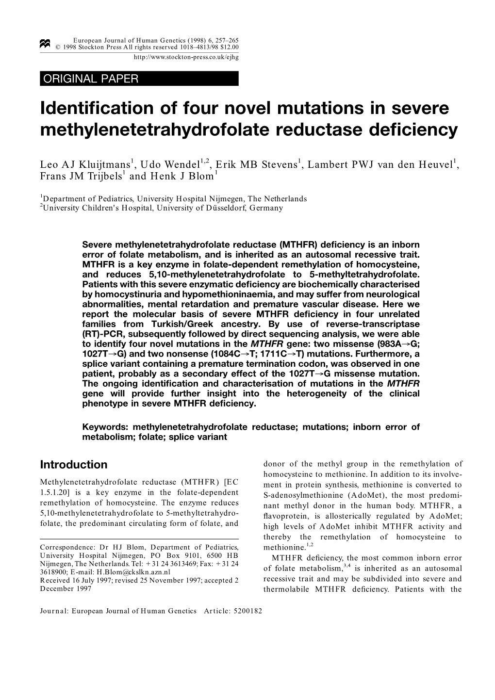 Identification of Four Novel Mutations in Severe Methylenetetrahydrofolate