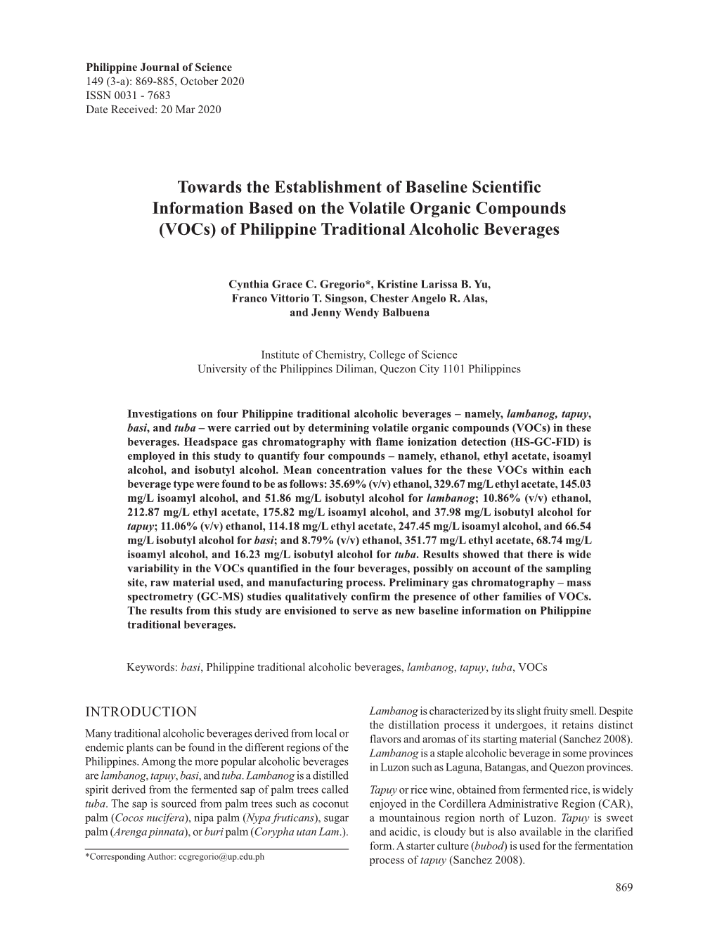 Towards the Establishment of Baseline Scientific Information Based on the Volatile Organic Compounds (Vocs) of Philippine Traditional Alcoholic Beverages