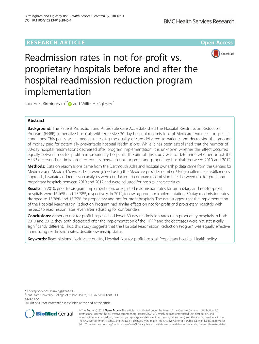 Readmission Rates in Not-For-Profit Vs. Proprietary Hospitals Before and After the Hospital Readmission Reduction Program Implementation Lauren E