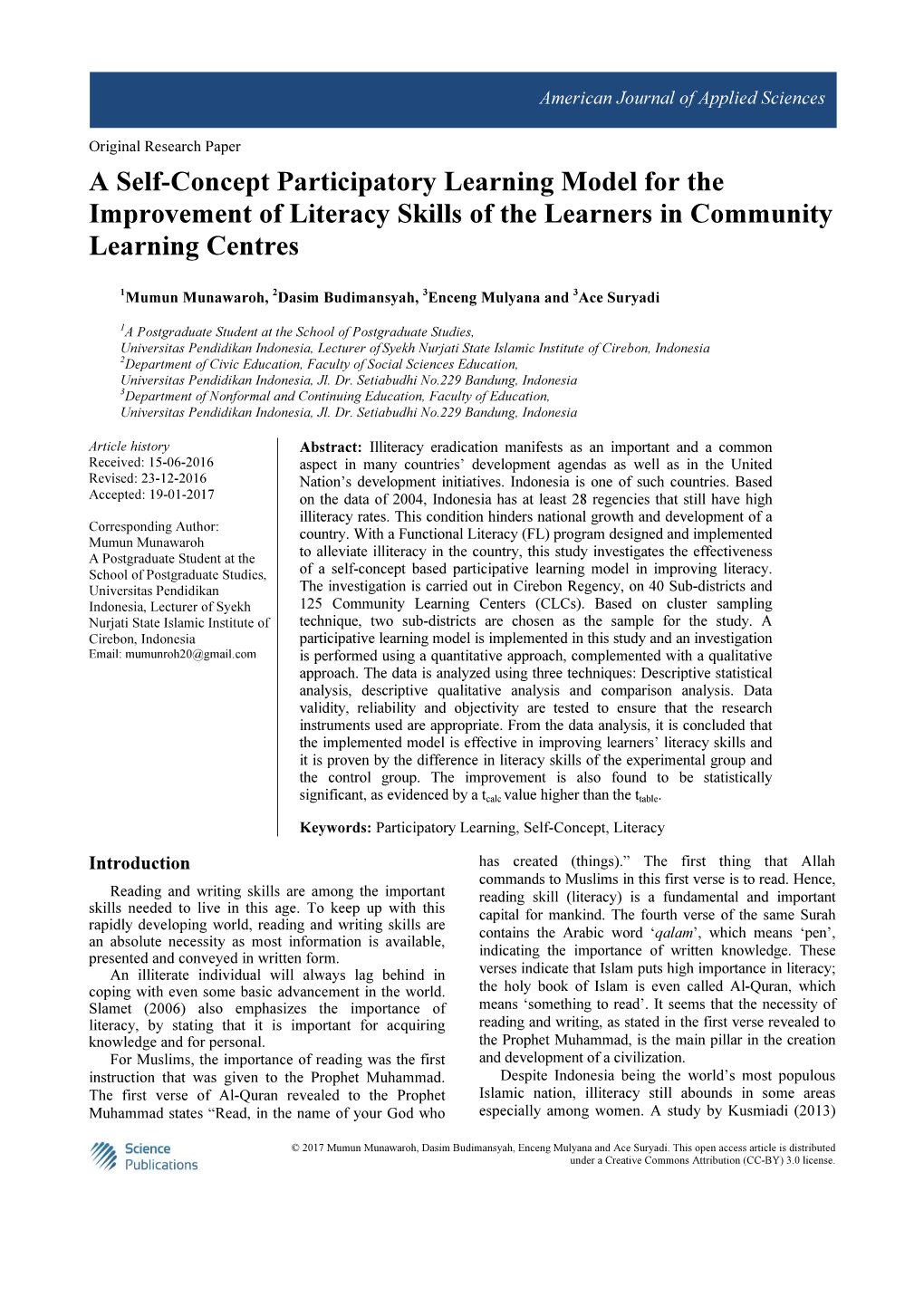A Self-Concept Participatory Learning Model for the Improvement of Literacy Skills of the Learners in Community Learning Centres