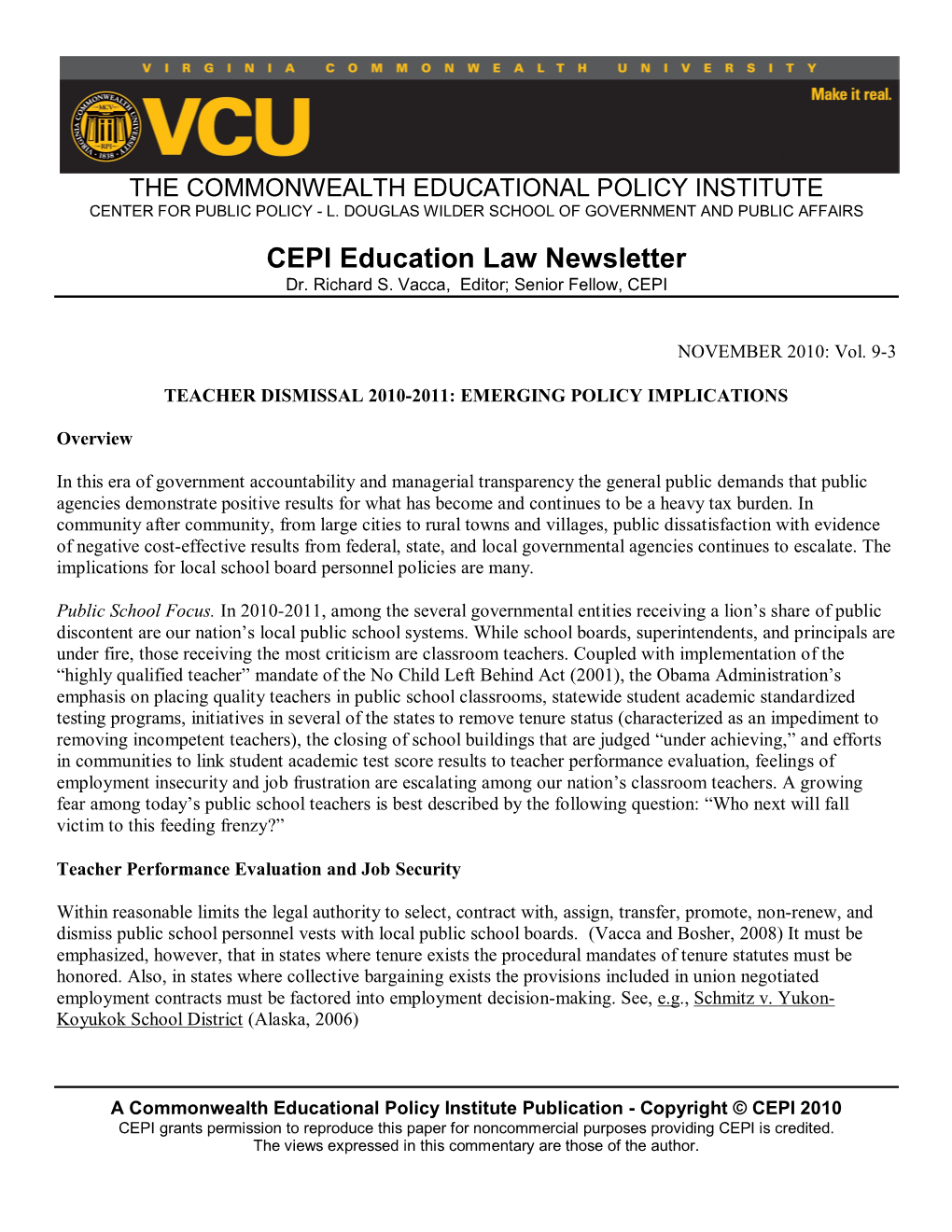 Teacher Dismissal 2010-2011: Emerging Policy Implications