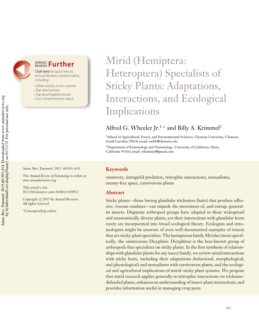 Mirid (Hemiptera: Heteroptera) Specialists of Sticky Plants: Adaptations, Interactions, and Ecological Implications