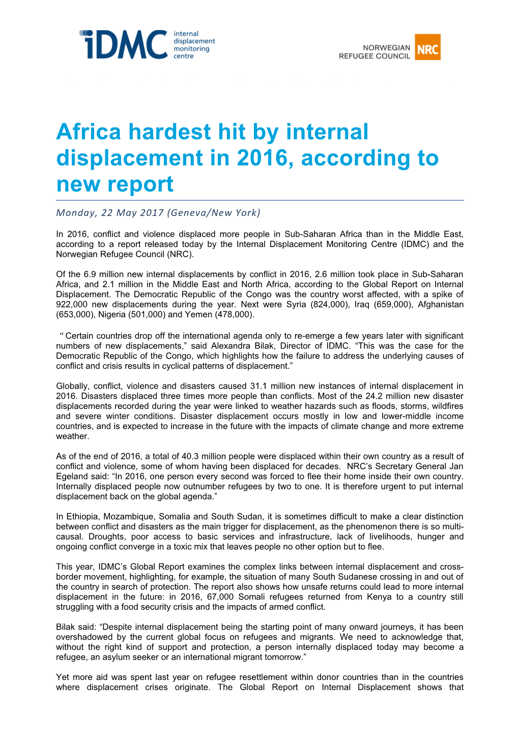 Africa Hardest Hit by Internal Displacement in 2016, According to New Report