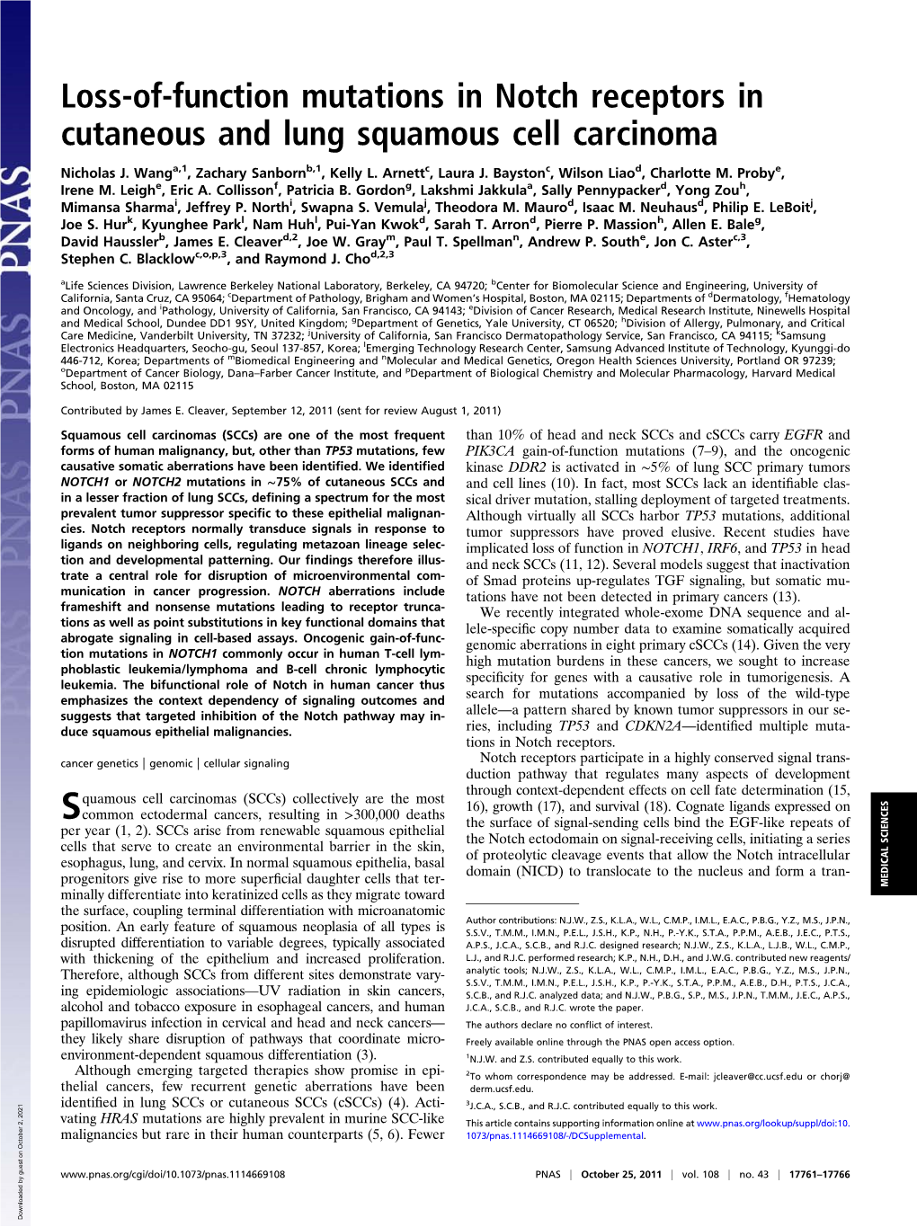 Loss-Of-Function Mutations in Notch Receptors in Cutaneous and Lung Squamous Cell Carcinoma