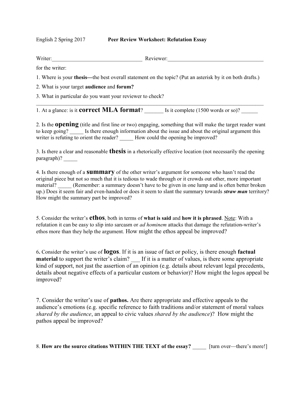 English 2 Spring 2017 Peer Review Worksheet: Refutation Essay Writer:______Reviewer:______