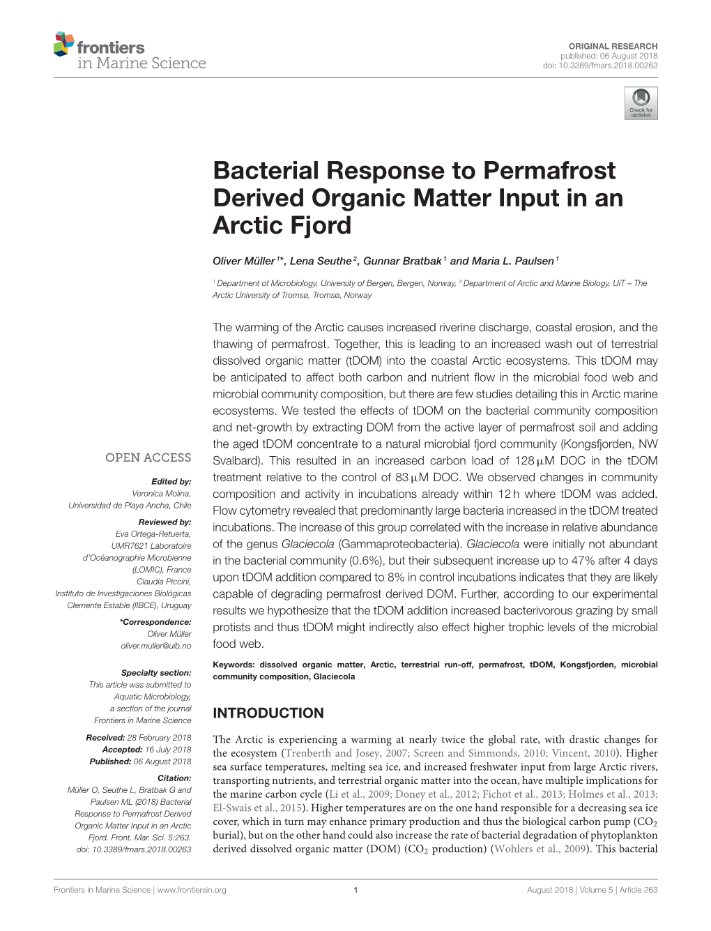 Bacterial Response to Permafrost Derived Organic Matter Input in an Arctic Fjord