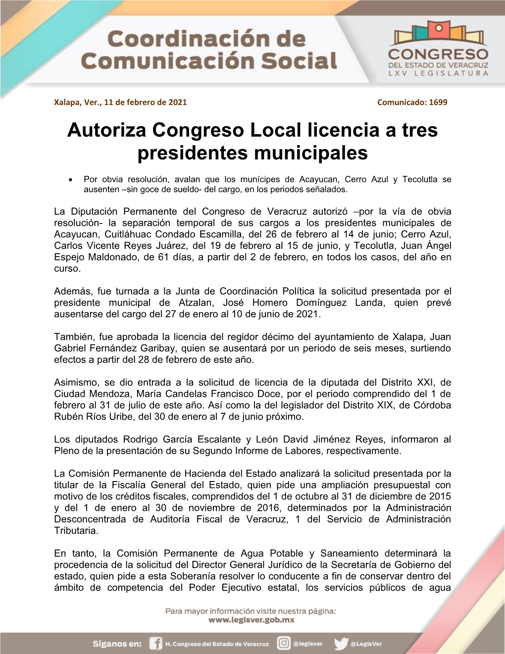 Autoriza Congreso Local Licencia a Tres Presidentes Municipales
