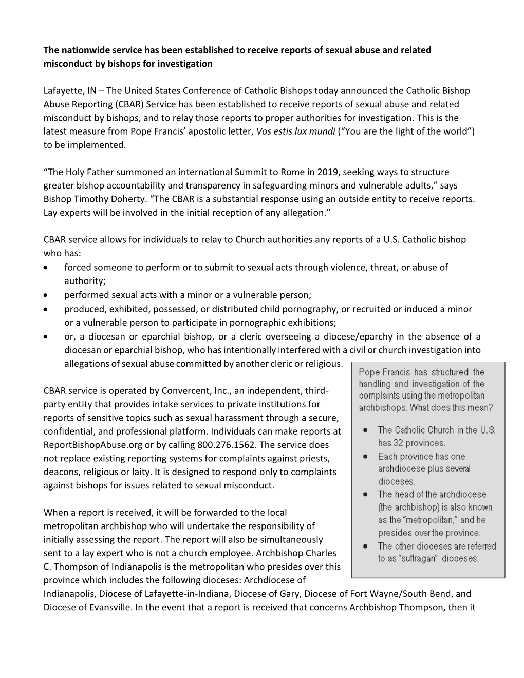 The Nationwide Service Has Been Established to Receive Reports of Sexual Abuse and Related Misconduct by Bishops for Investigation