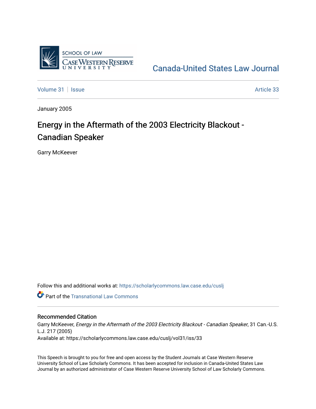 Energy in the Aftermath of the 2003 Electricity Blackout - Canadian Speaker