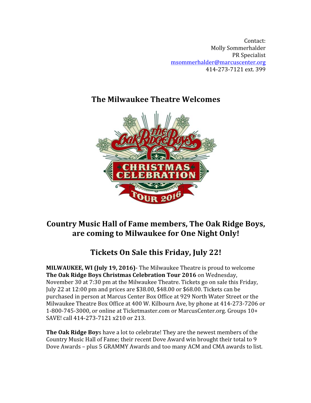 The Milwaukee Theatre Welcomes Country Music Hall of Fame Members, the Oak Ridge Boys, Are Coming to Milwaukee for One Night