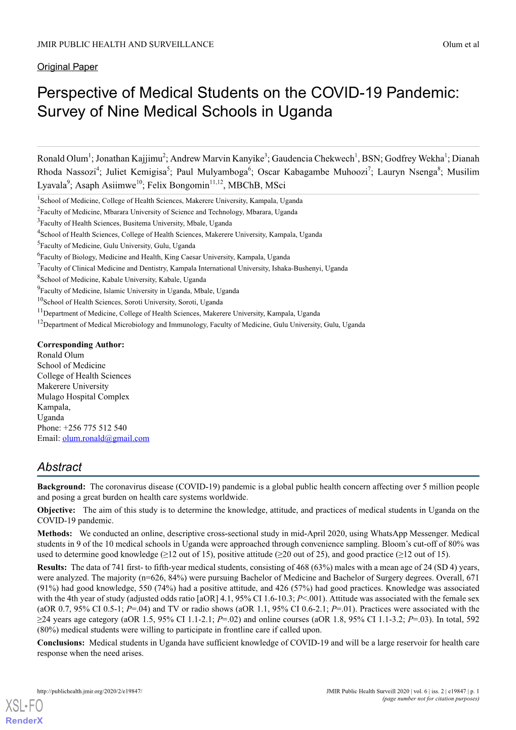 Perspective of Medical Students on the COVID-19 Pandemic: Survey of Nine Medical Schools in Uganda