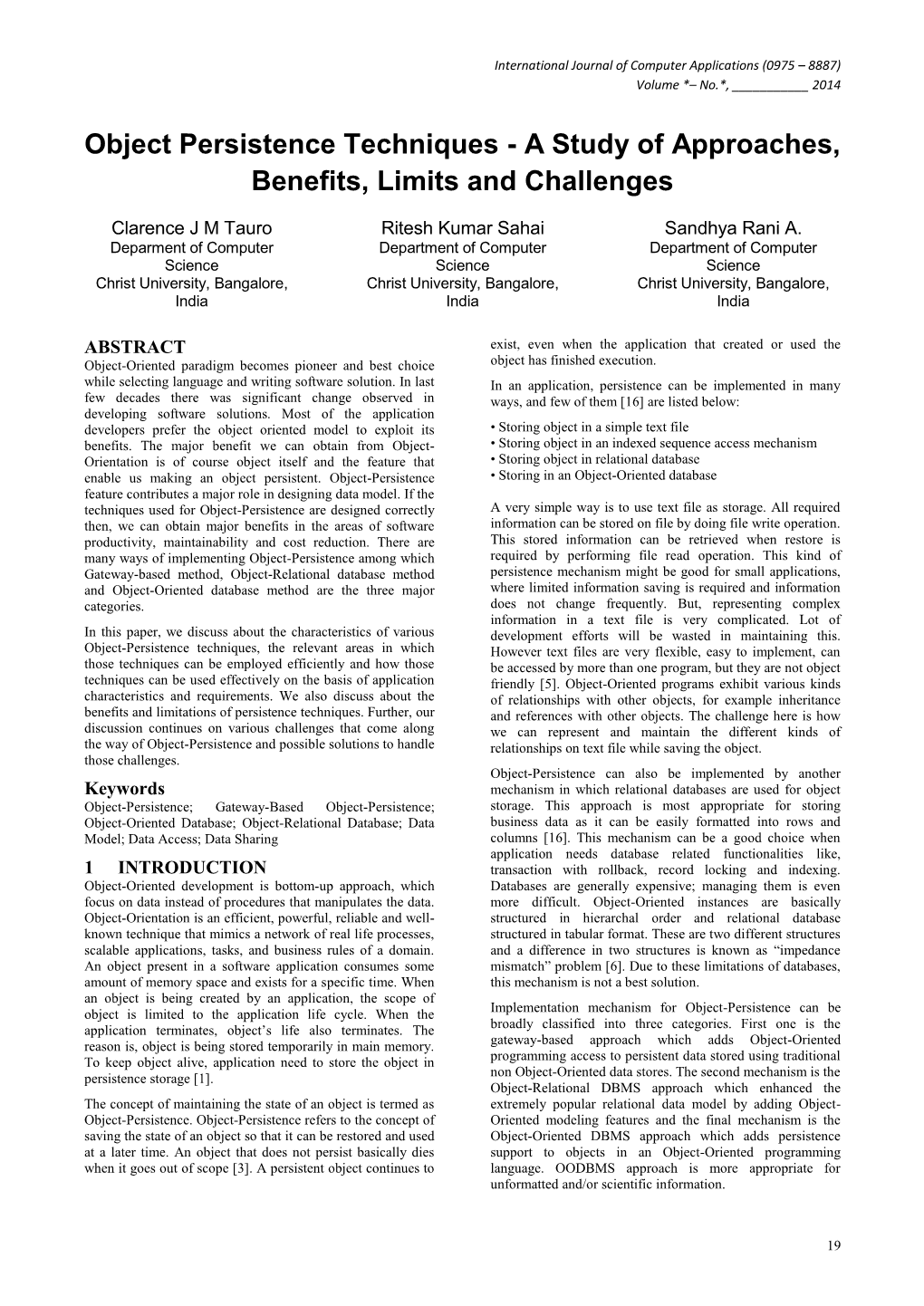 Object Persistence Techniques - a Study of Approaches, Benefits, Limits and Challenges