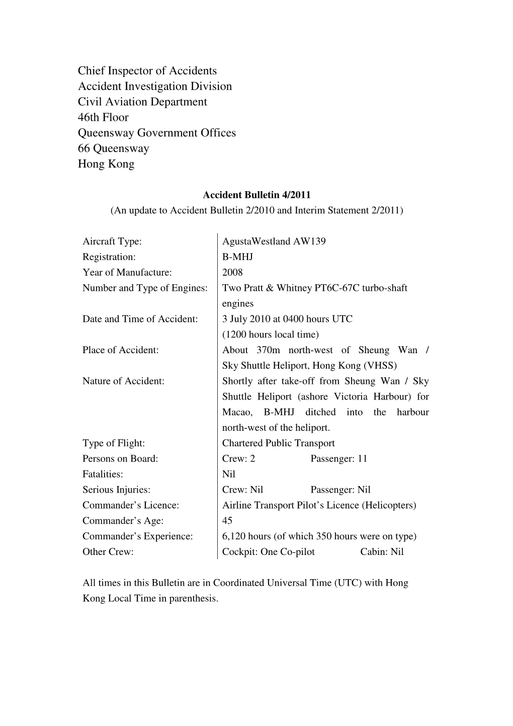 Chief Inspector of Accidents Accident Investigation Division Civil Aviation Department 46Th Floor Queensway Government Offices 66 Queensway Hong Kong