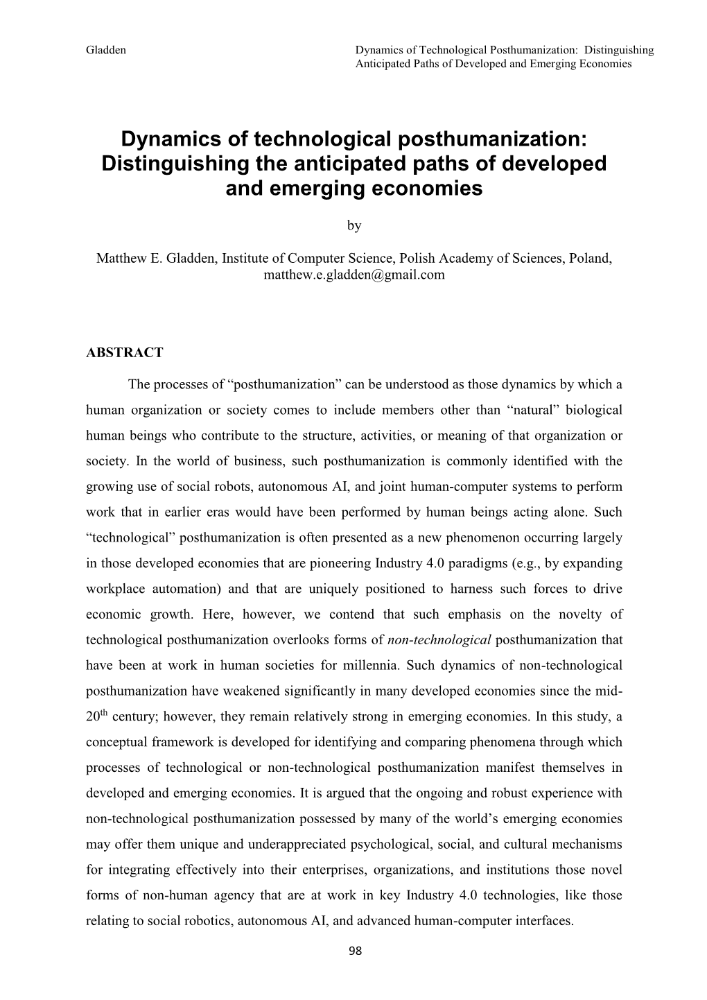 Dynamics of Technological Posthumanization: Distinguishing Anticipated Paths of Developed and Emerging Economies