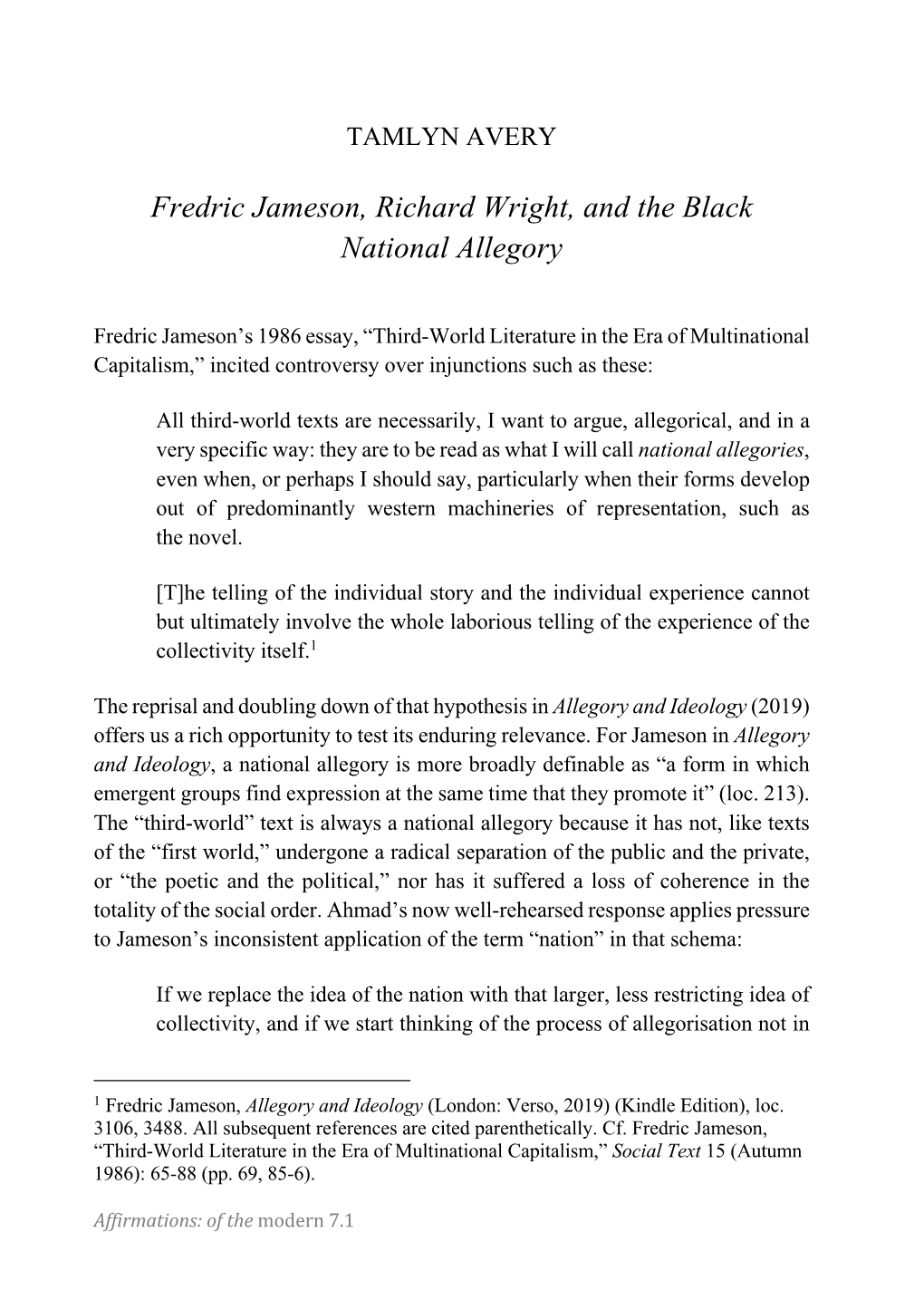 Fredric Jameson, Richard Wright, and the Black National Allegory