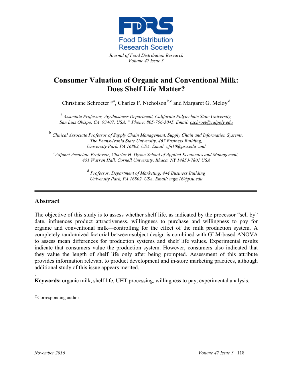 Consumer Valuation of Organic and Conventional Milk: Does Shelf Life Matter?