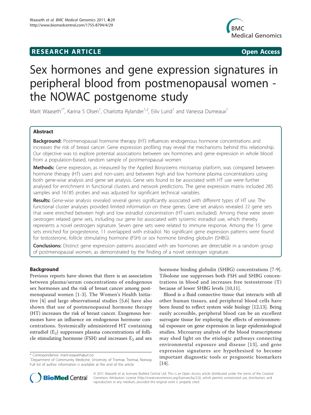 Sex Hormones and Gene Expression Signatures in Peripheral Blood from Postmenopausal Women