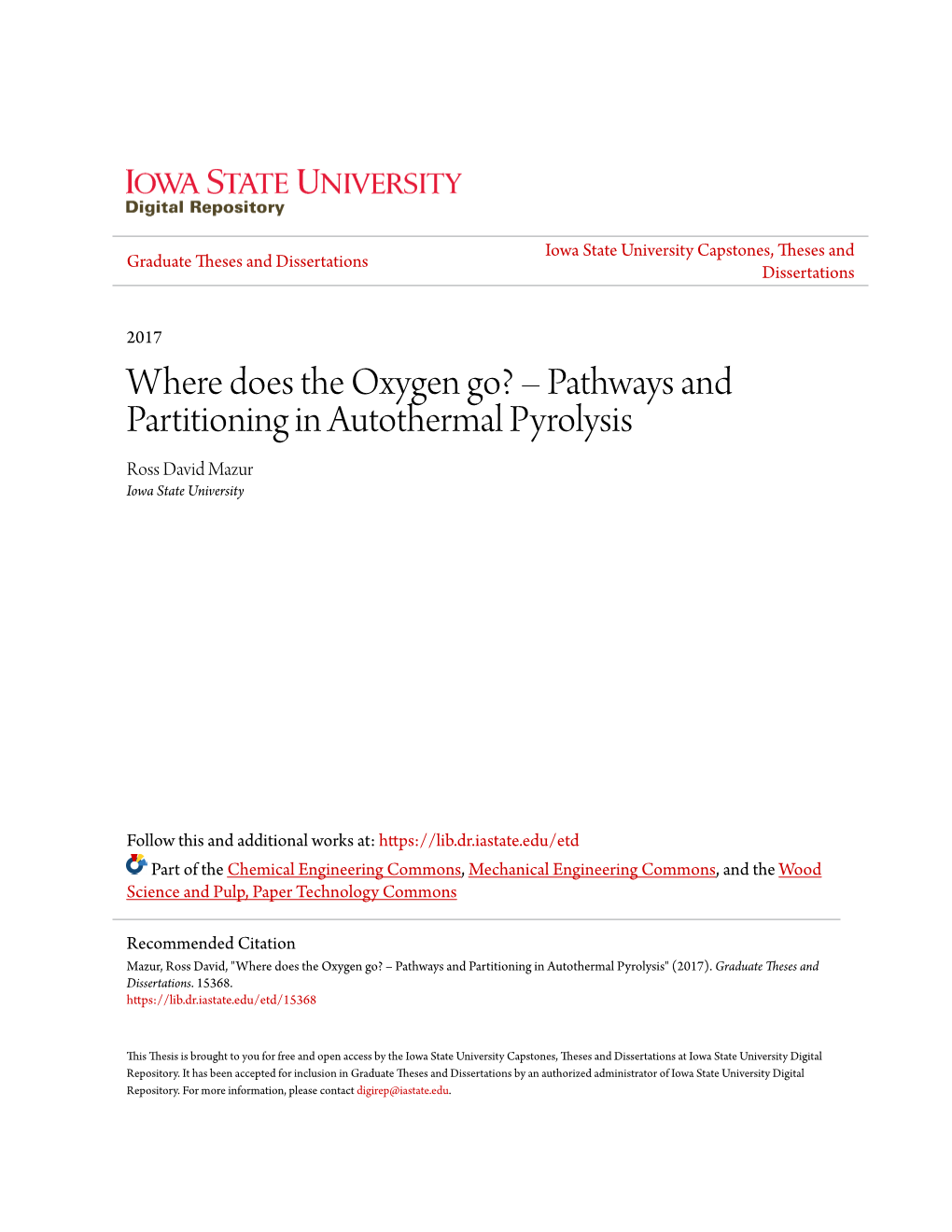 Pathways and Partitioning in Autothermal Pyrolysis Ross David Mazur Iowa State University