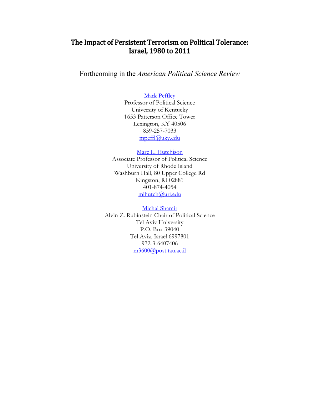 The Impact of Persistent Terrorism on Political Tolerance: Israel, 1980 to 2011