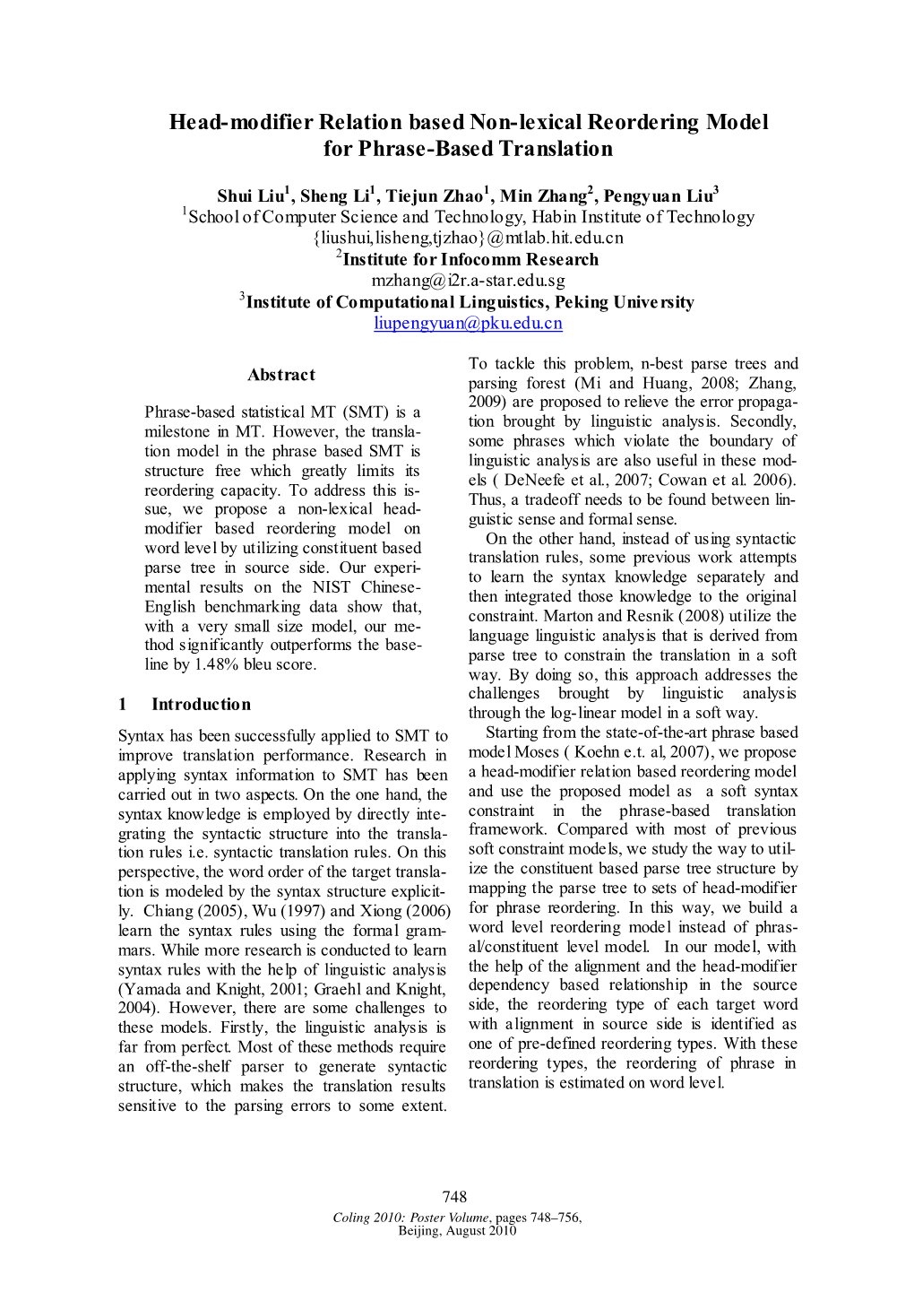 Head-Modifier Relation Based Non-Lexical Reordering Model for Phrase-Based Translation