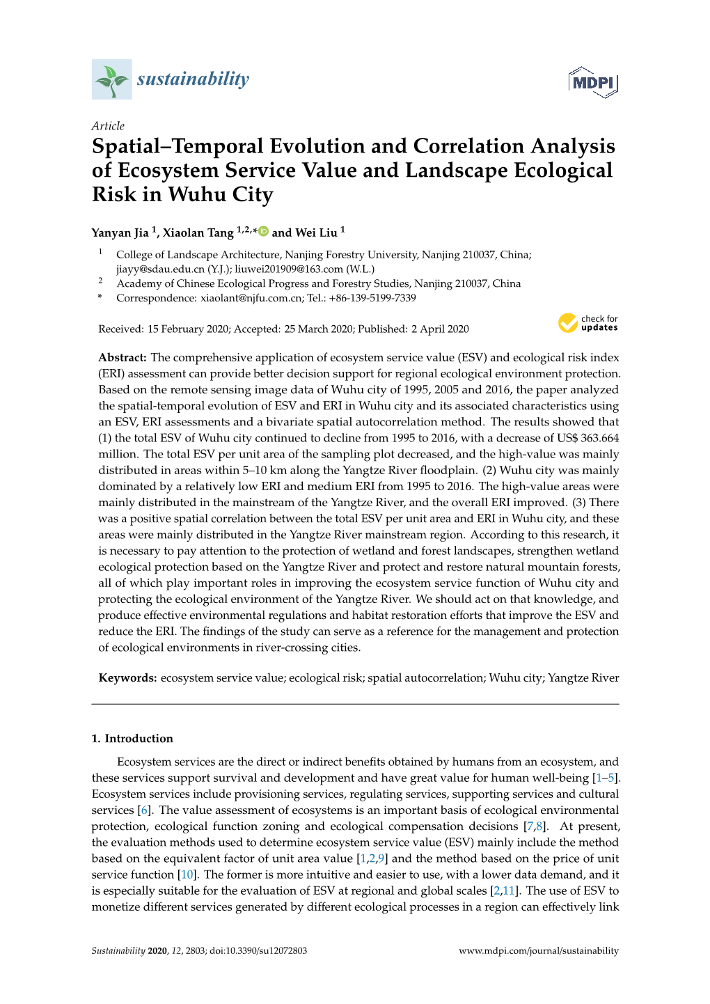 Spatial–Temporal Evolution and Correlation Analysis of Ecosystem Service Value and Landscape Ecological Risk in Wuhu City