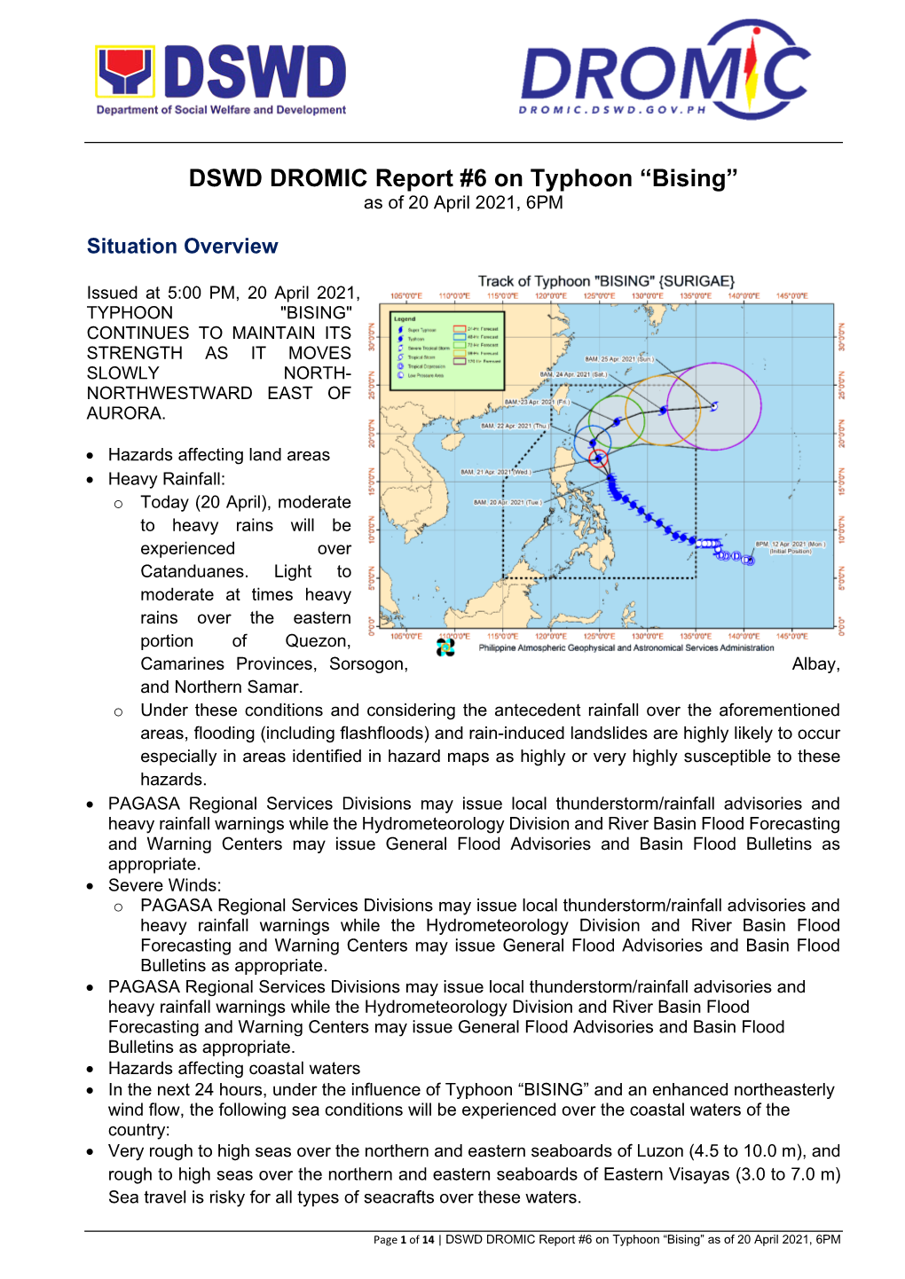 DSWD DROMIC Report #6 on Typhoon “Bising” As of 20 April 2021, 6PM