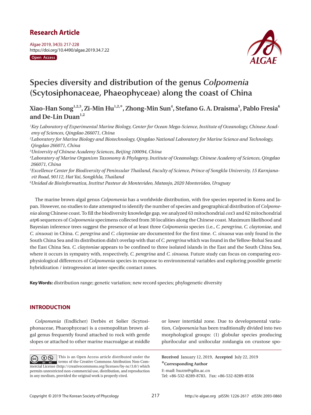 Species Diversity and Distribution of the Genus Colpomenia (Scytosiphonaceae, Phaeophyceae) Along the Coast of China