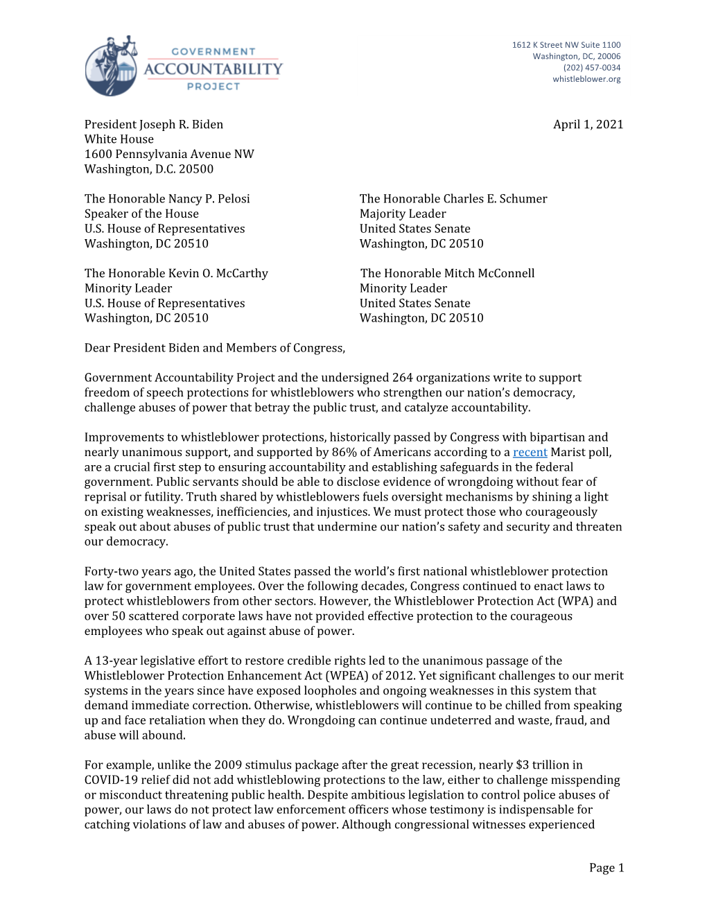 Government Accountability Project Letter to President Biden on Support for Whistleblower Protections