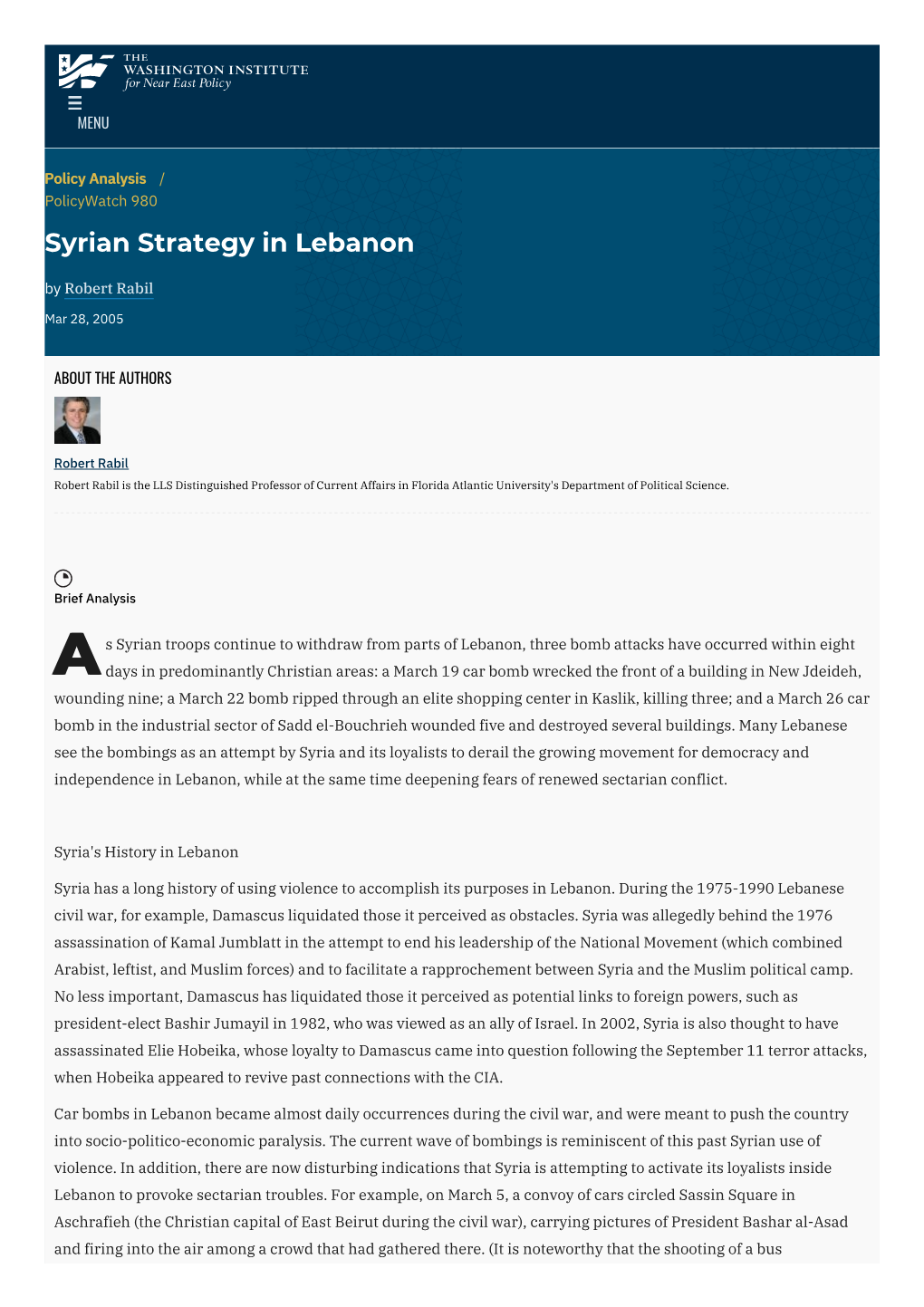 Syrian Strategy in Lebanon | the Washington Institute