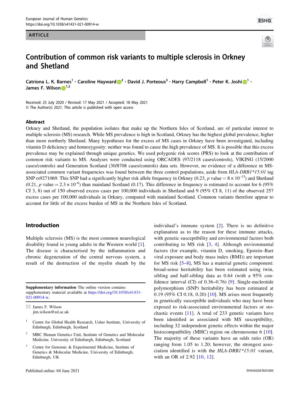 Contribution of Common Risk Variants to Multiple Sclerosis in Orkney and Shetland