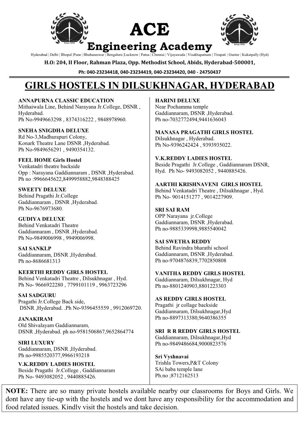 Girls Hostels in Dilsukhnagar, Hyderabad