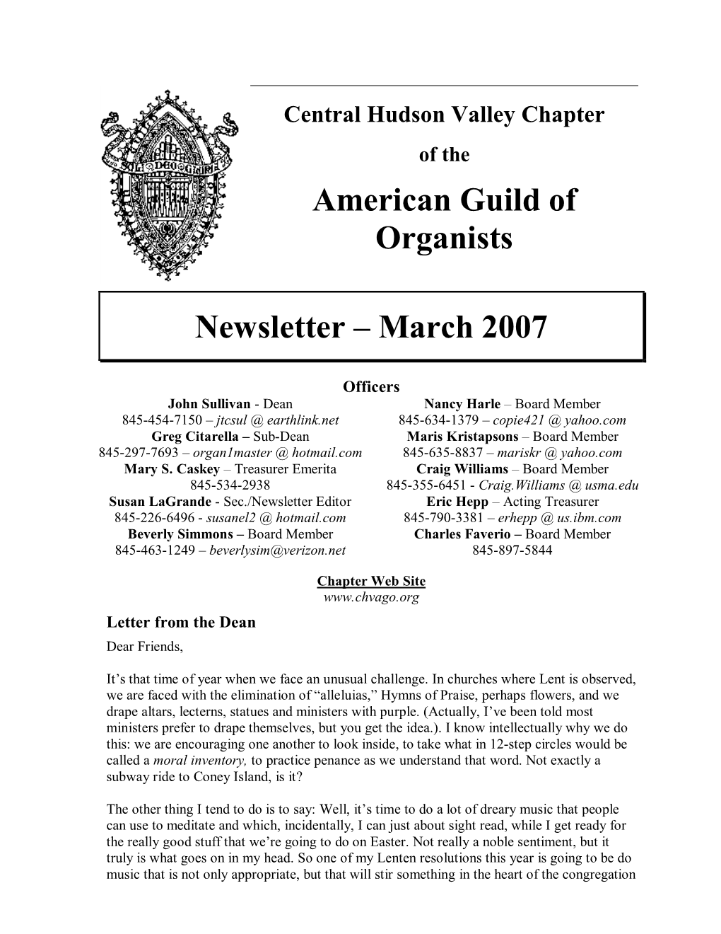 American Guild of Organists Newsletter – March 2007