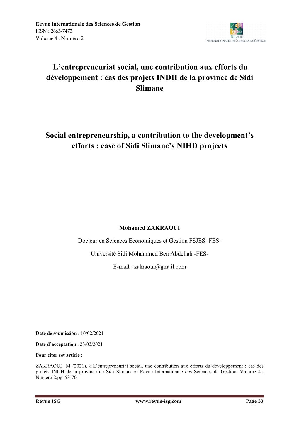 Cas Des Projets INDH De La Province De Sidi Slimane