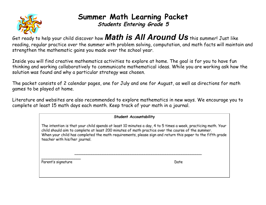 Summer Math Learning Packet Students Entering Grade 5