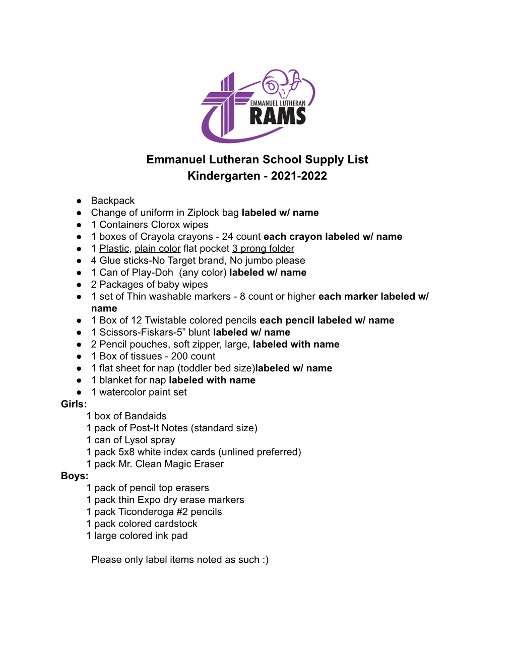 Emmanuel Lutheran School Supply List Kindergarten - 2021-2022