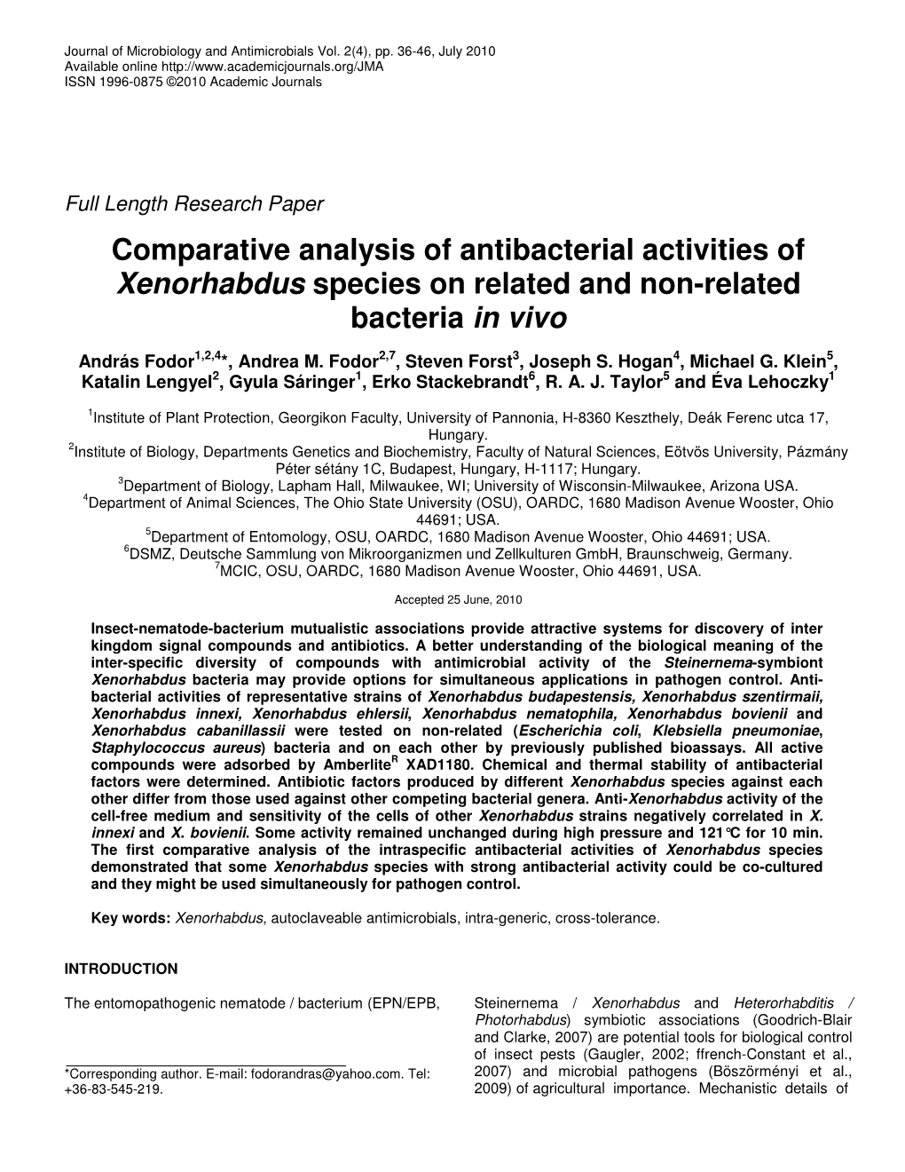 Comparative Analysis of Antibacterial Activities of Xenorhabdus Species on Related and Non-Related Bacteria in Vivo