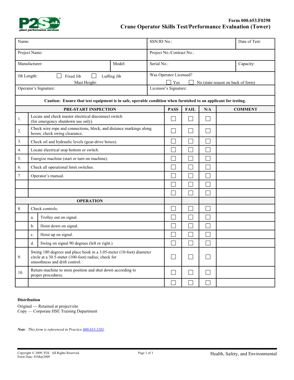 Crane Operator Skills Test/Performance Evaluation (Tower)