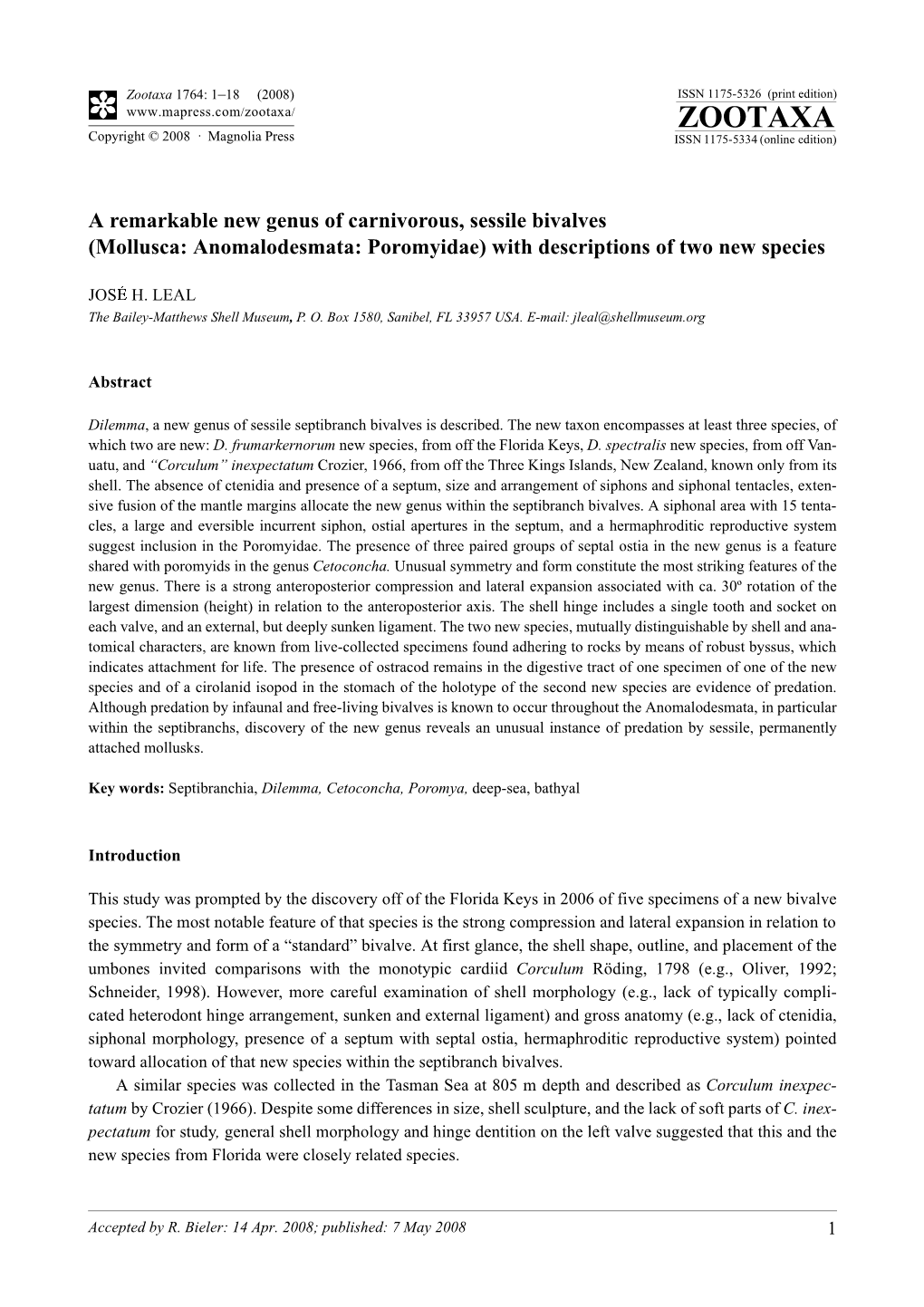 Zootaxa, a Remarkable New Genus of Carnivorous, Sessile Bivalves